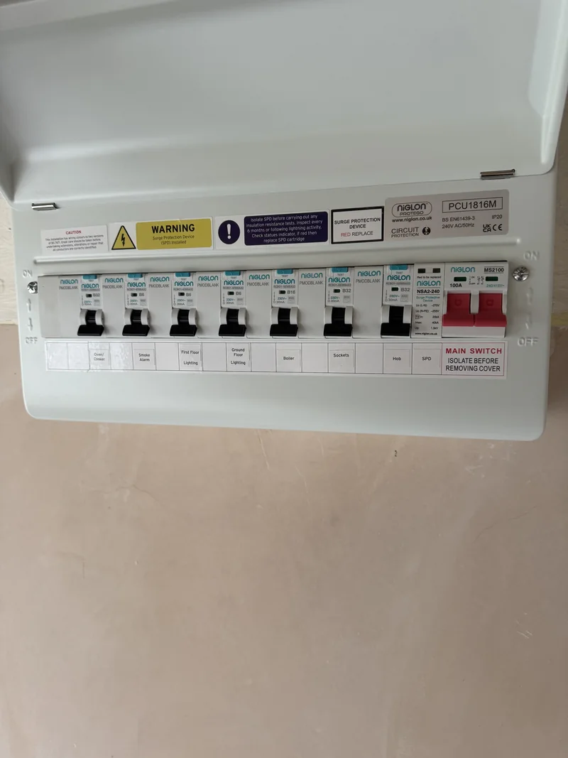 Finished labelled Niglon RCBO consumer unit replacement in Rushden with Type 2 surge protection