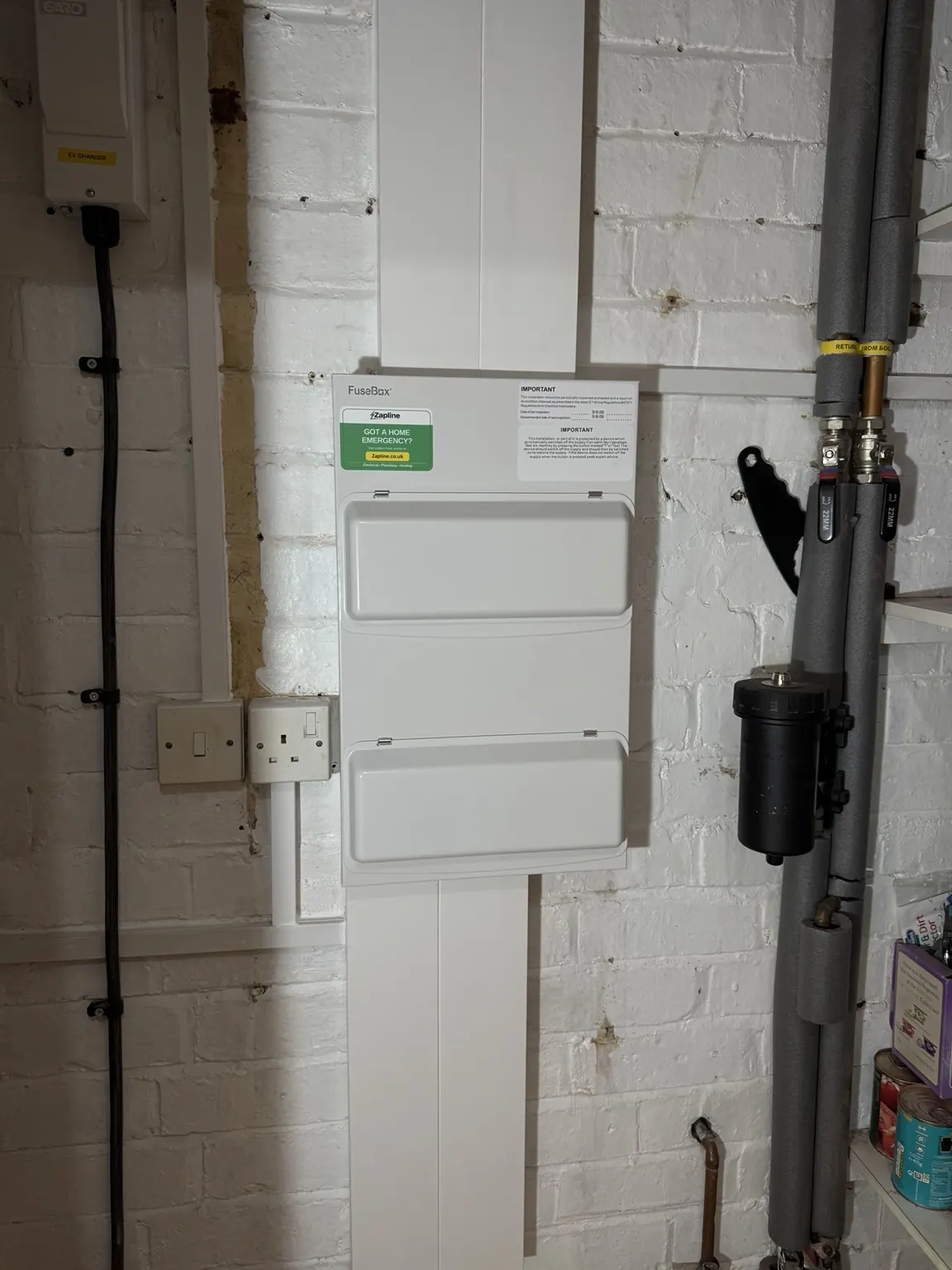 New double-stack FuseBox consumer unit with Zapline emergency sticker in Barton Seagrave