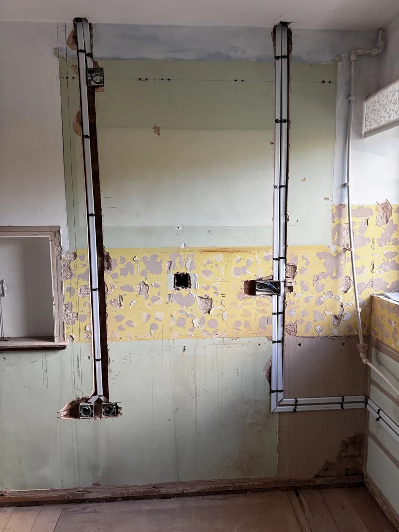 First fix kitchen wiring in Northampton with cables chased into solid masonry walls
