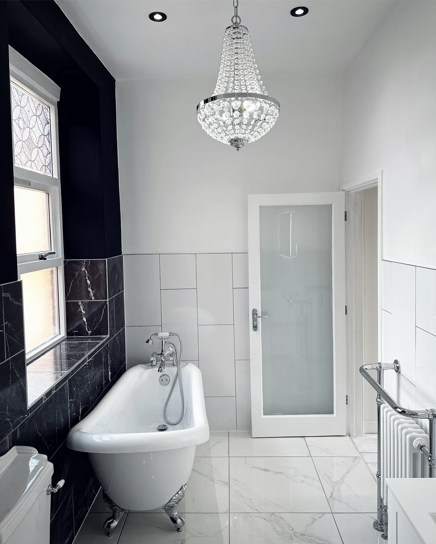 Freestanding bath bathroom renovation with LED feature lighting