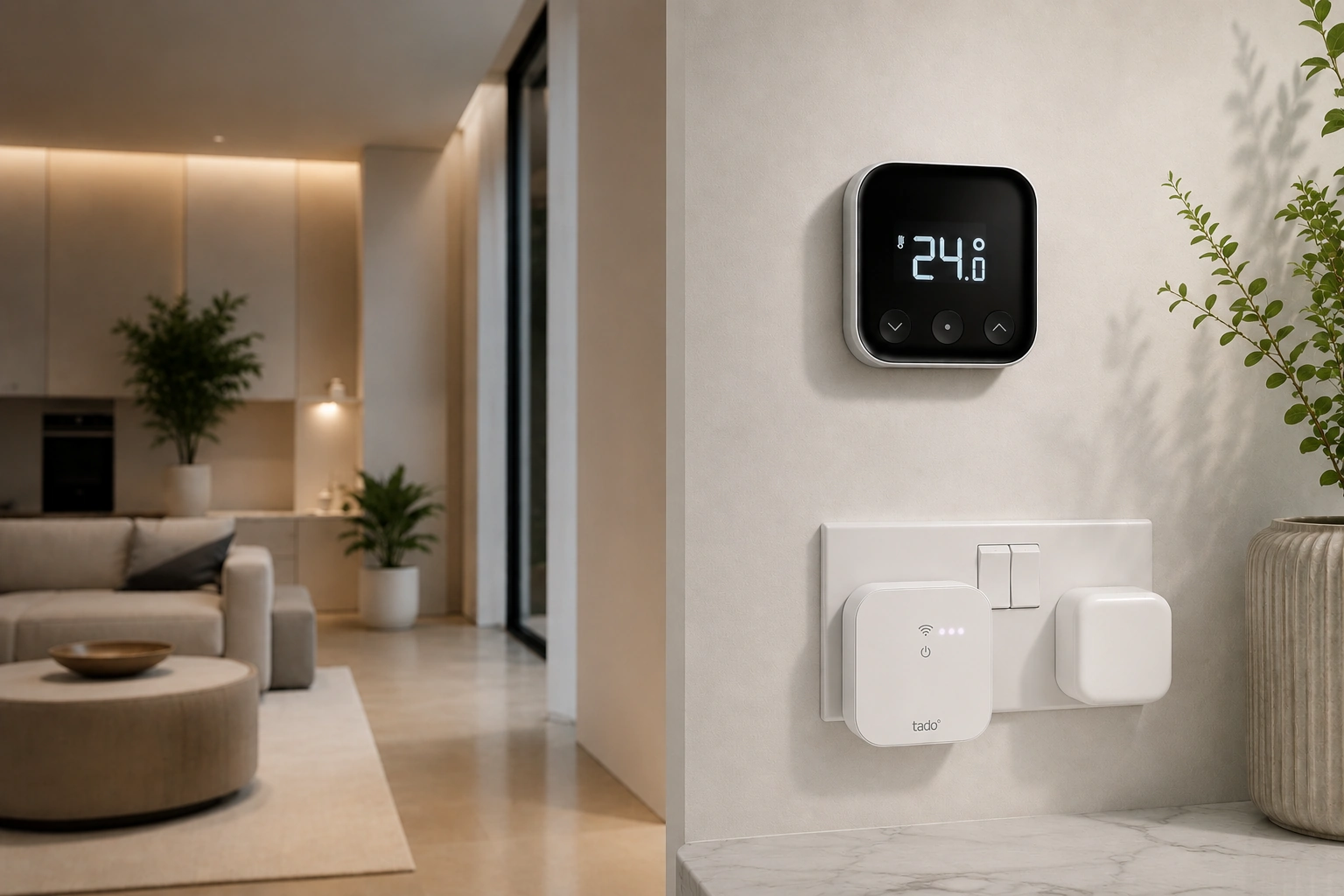 Tado smart thermostat and receiver installed in a modern home